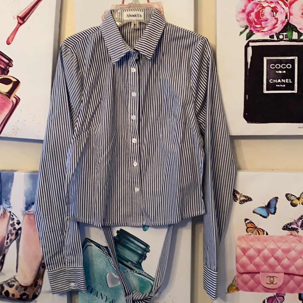 “About Us” Blue & White Striped Top with Open back.